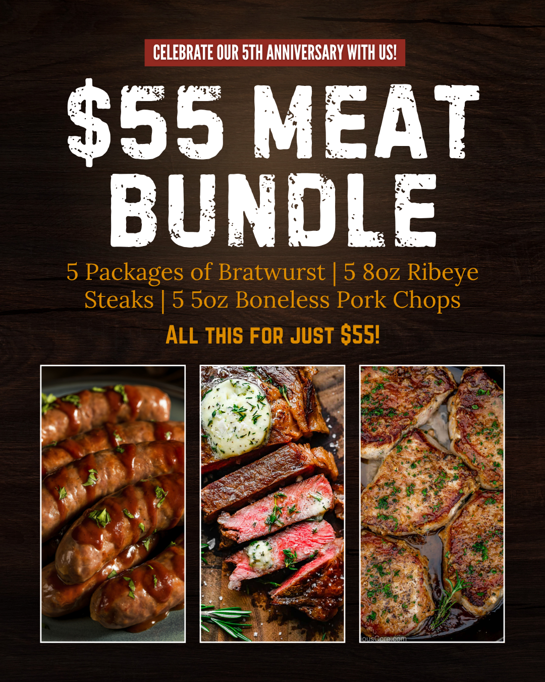 Baetke Custom Cuts 5 Year Anniversary $55 Meat Bundle - bratwurst, ribeyes, pork chops